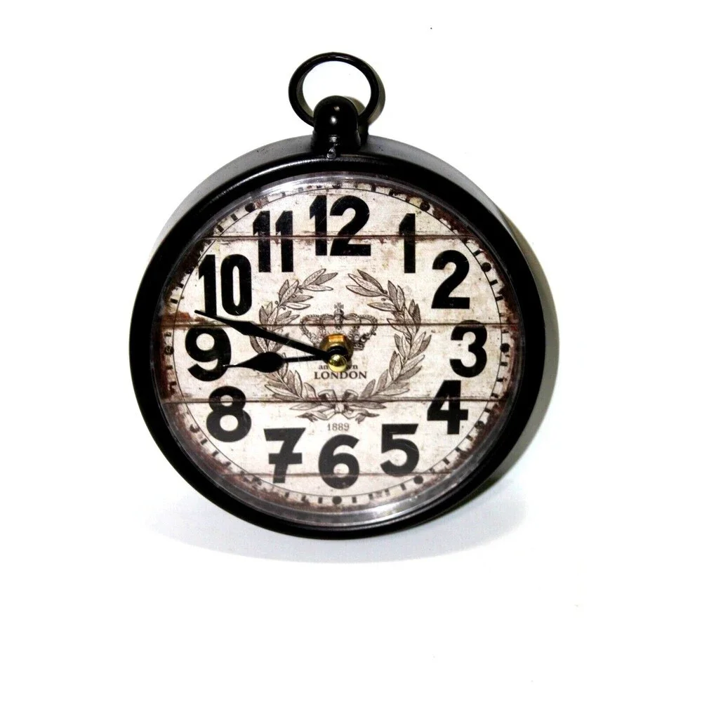 Vintage Style Black White Wall Clock Antique Round Metal Crown London 7.5”x6.5”